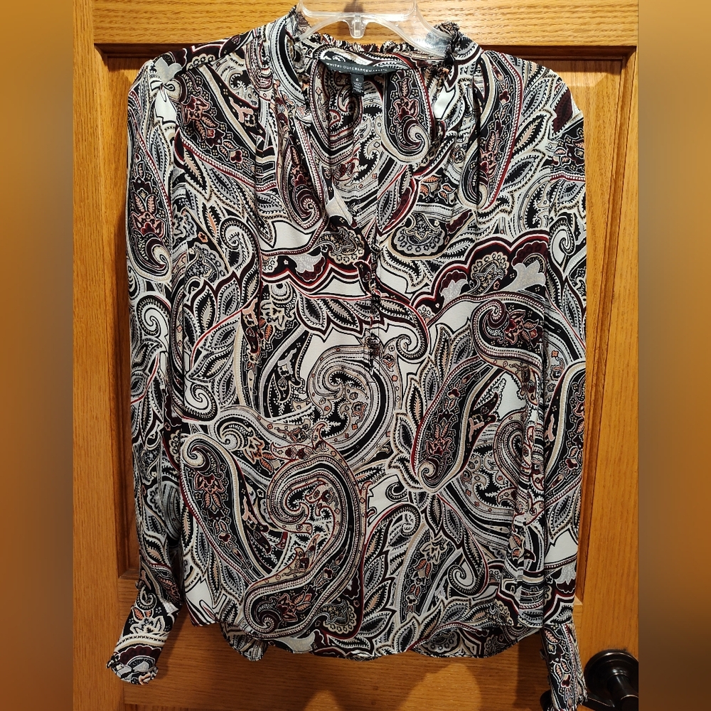 White House Black Market Paisley Buttoned Notched Collar Blouse, ruffled